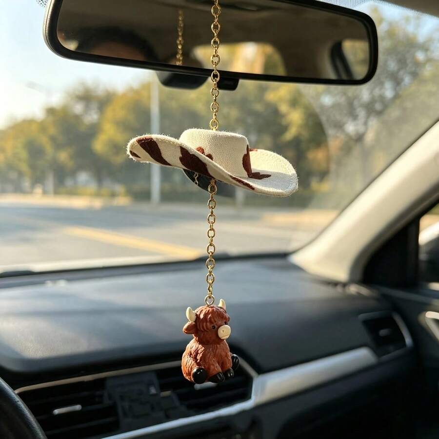 Cow Print Cowboy Hat Highland Cow Car Rearview Mirror Hanging Ornament ...