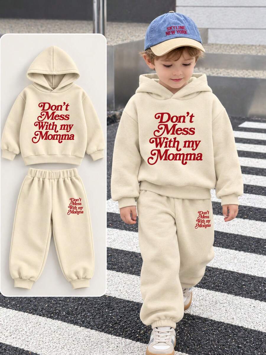 Young Boy 2pcs Set Fleece Lined Thick Warm Hooded Sweatshirt And Jogger Pants, Children's Autumn/Winter Long Sleeve Outfit For Young Students - Apricot - View 1