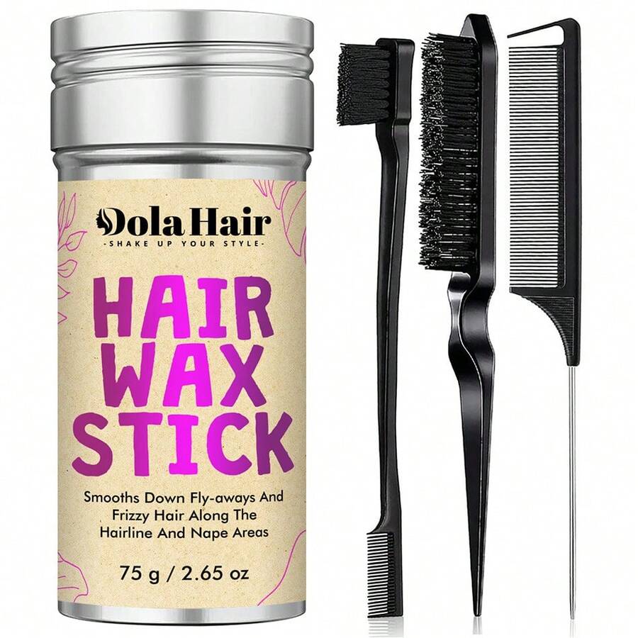 Dola Hair 4件組美髮造型產品套組，包含：1支蕾絲前緣髮蠟棒、1把豬鬃毛髮刷（用於髮際線）、1把邊緣刷（用於撫平髮緣）、1把尾梳（用於分髮與造型），不油膩髮蠟棒可撫平亂髮，萬聖節適用