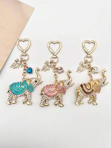 1pc Charming Rhinestone Elephant Heart Bag Charm, Cute Bow Keychain, Women's Key Chain Wristlet, Women's Wallet Accessory, Travel Essential Luggage Accessory, Room Decor, Gift Bag Filler, Holiday/Birthday Gift For Friends/Partners - Multicolor - View 1