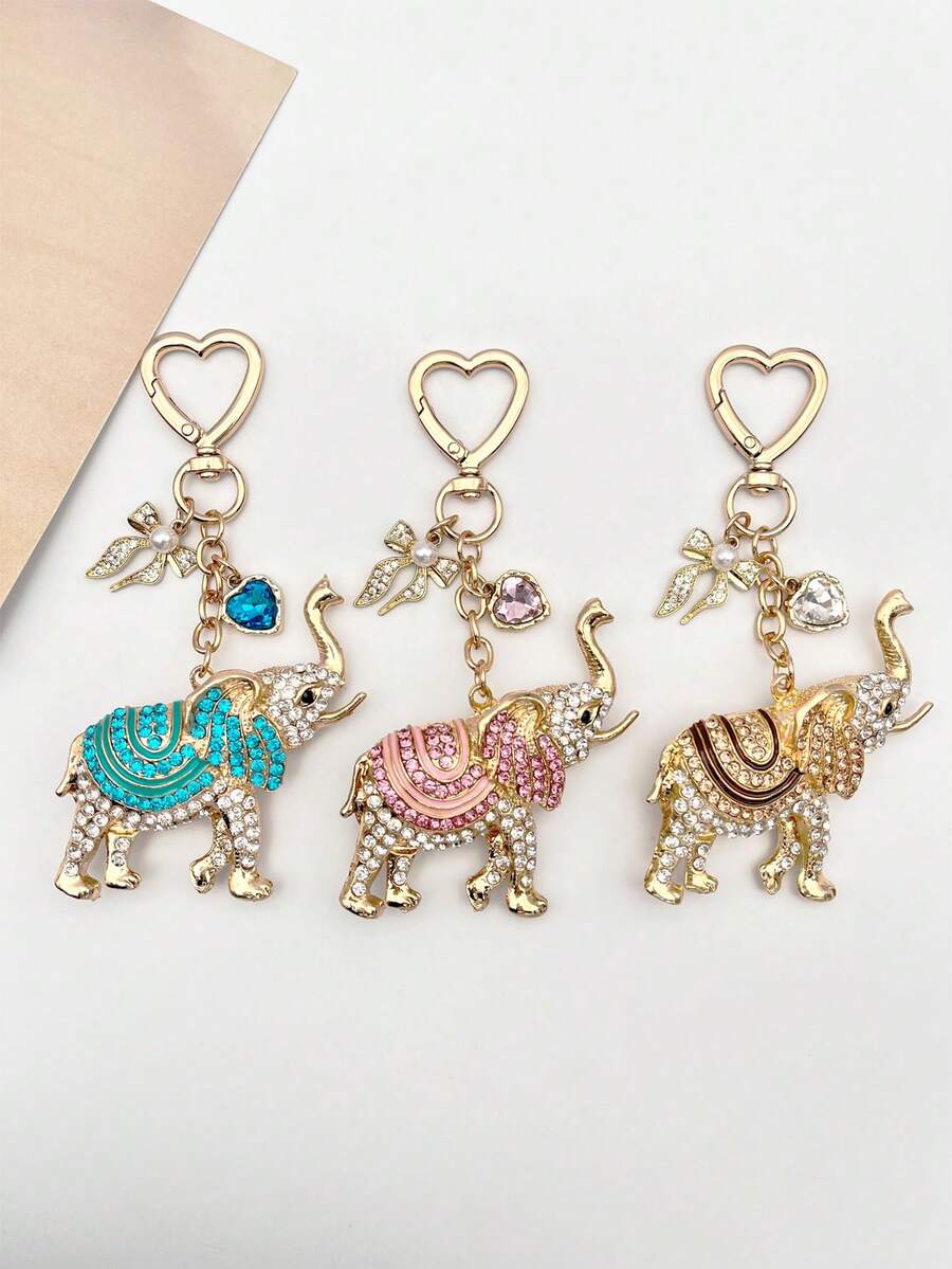 1pc Charming Rhinestone Elephant Heart Bag Charm, Cute Bow Keychain, Women's Key Chain Wristlet, Women's Wallet Accessory, Travel Essential Luggage Accessory, Room Decor, Gift Bag Filler, Holiday/Birthday Gift For Friends/Partners - Multicolor - View 1