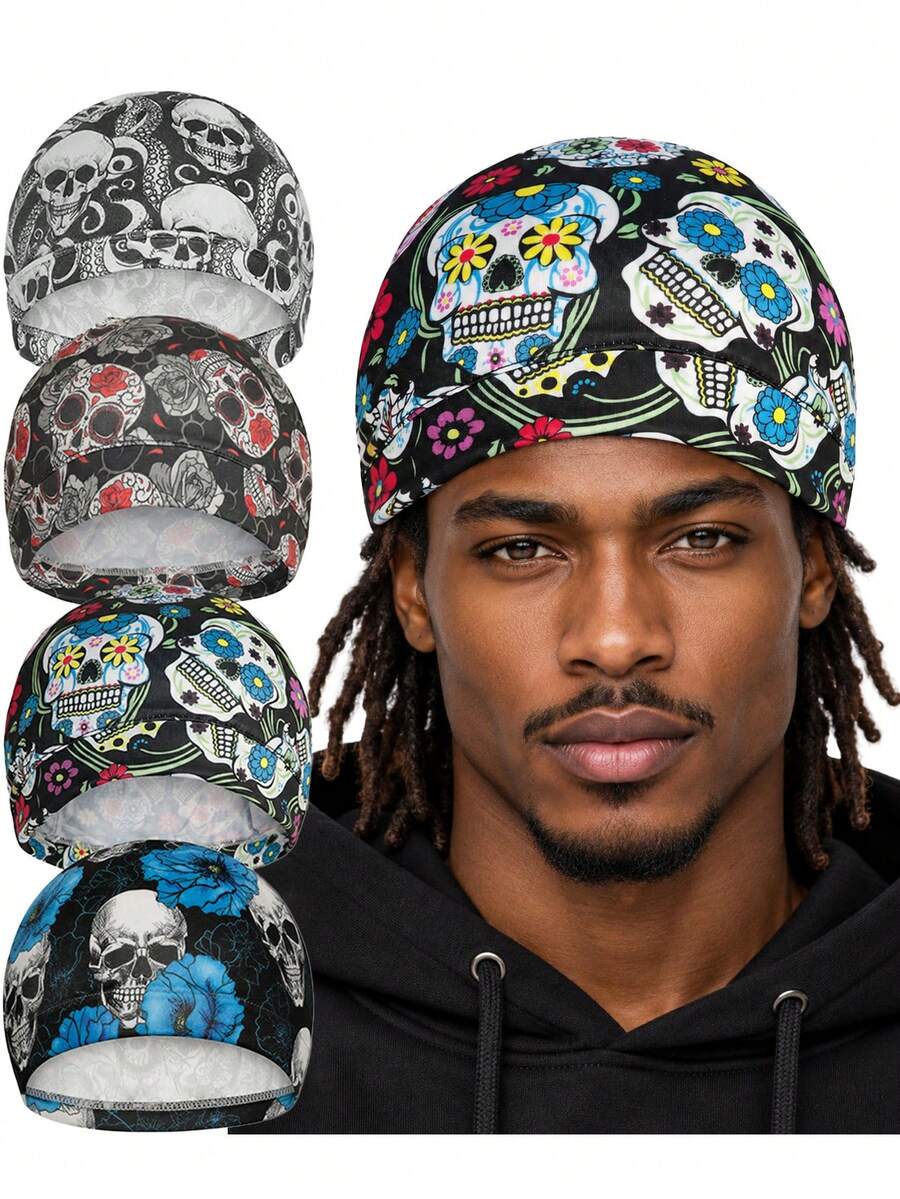 CONFLASS Sugar Skull Floral Print Stretch Dome Bonnet,Breathable Elastic Sleep Cap, Lightweight Hair Protection Head Cover For 360 Waves&Dreadlocks