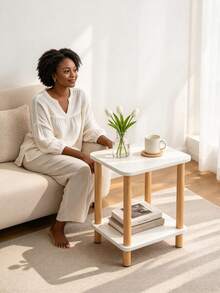 1pc Minimalist Side Table, White Tabletop With Natural Wood Solid Legs, Small Square Corner Table, Storage Side Table Beside Sofa, Suitable For Placing Sundries And Decorations In Bedrooms & Small Apartments. Tavolino Salotto Tavolino - Multicolor - View 5