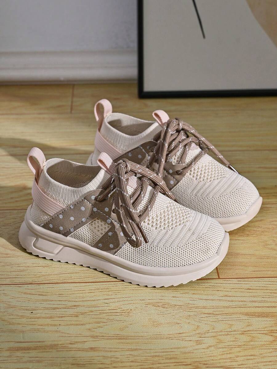 Girls' Mesh Patchwork Athletic Shoes, Elastic Sock-Like Collar Fits Ankle, Thick Sole With Cushioning Suitable For Kids Running And Jumping - Khaki - View 1