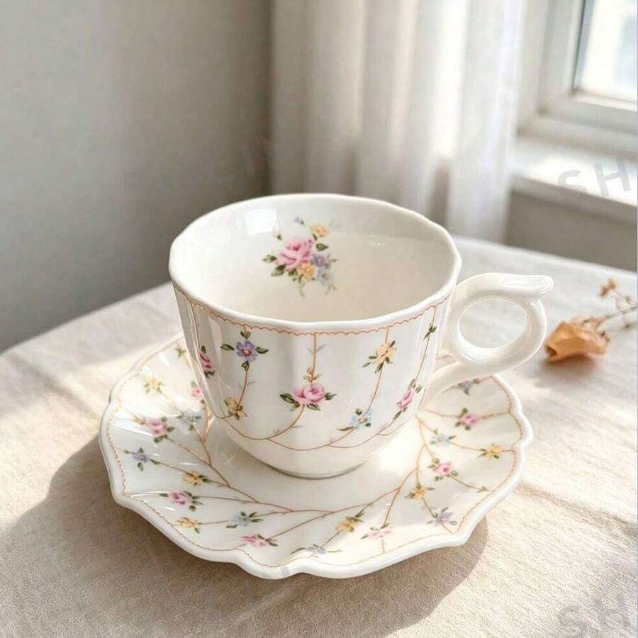 Vintage Floral Cup Set, Tea Cup & Coffee Cup With Saucer - Colorful Little Rose - View 1