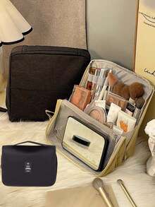 Compartment Vertical Makeup Bag - Large Capacity Travel Cosmetic Organizer, Multi-Functional Compartment Design, Durable Fabric With Mesh Pockets, Portable Desktop Skincare & Makeup Tool Storage Box (Yellow/Black), Skincare Storage Bag | Unisex Makeup Bag | Sturdy Zipper Closure - Multicolor - View 6