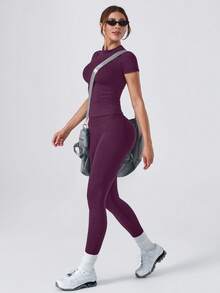 NcmRyu One Set Women's 1 Round Neck Waist-Cinched Fitted Soft Short Sleeve High Waist Comfortable Long Pants Sports Set - Purple - View 6