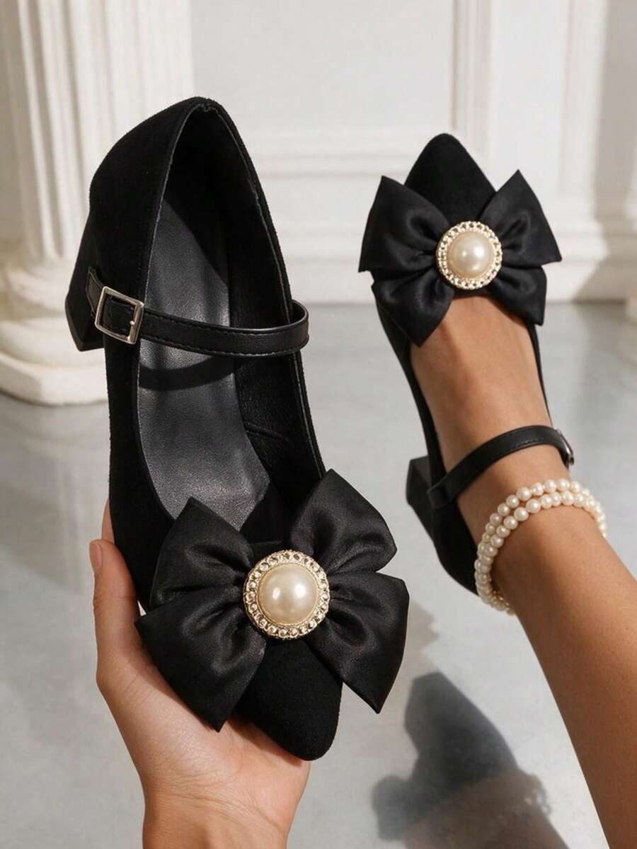 Black High Heel Pumps Fashion Bow Chunky Heel High Heels Fairy Style Spring Autumn New Versatile Low Vamp Strap Pumps For Skirts And Cheongsam - Black - View 1