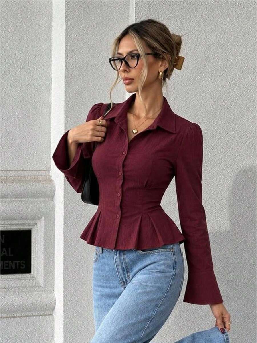 Women's Elegant Burgundy Peplum Blouse, Button Front Collared Long Sleeve Top, Cinched Waist Flared Cuff Shirt For Fall Work And Date Night. - Burgundy - View 1