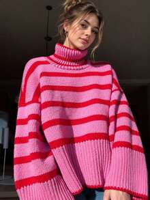 Women's Pink & Red Striped Pullover Sweater, Long Sleeve Turtleneck Winter Top - Pink - View 1