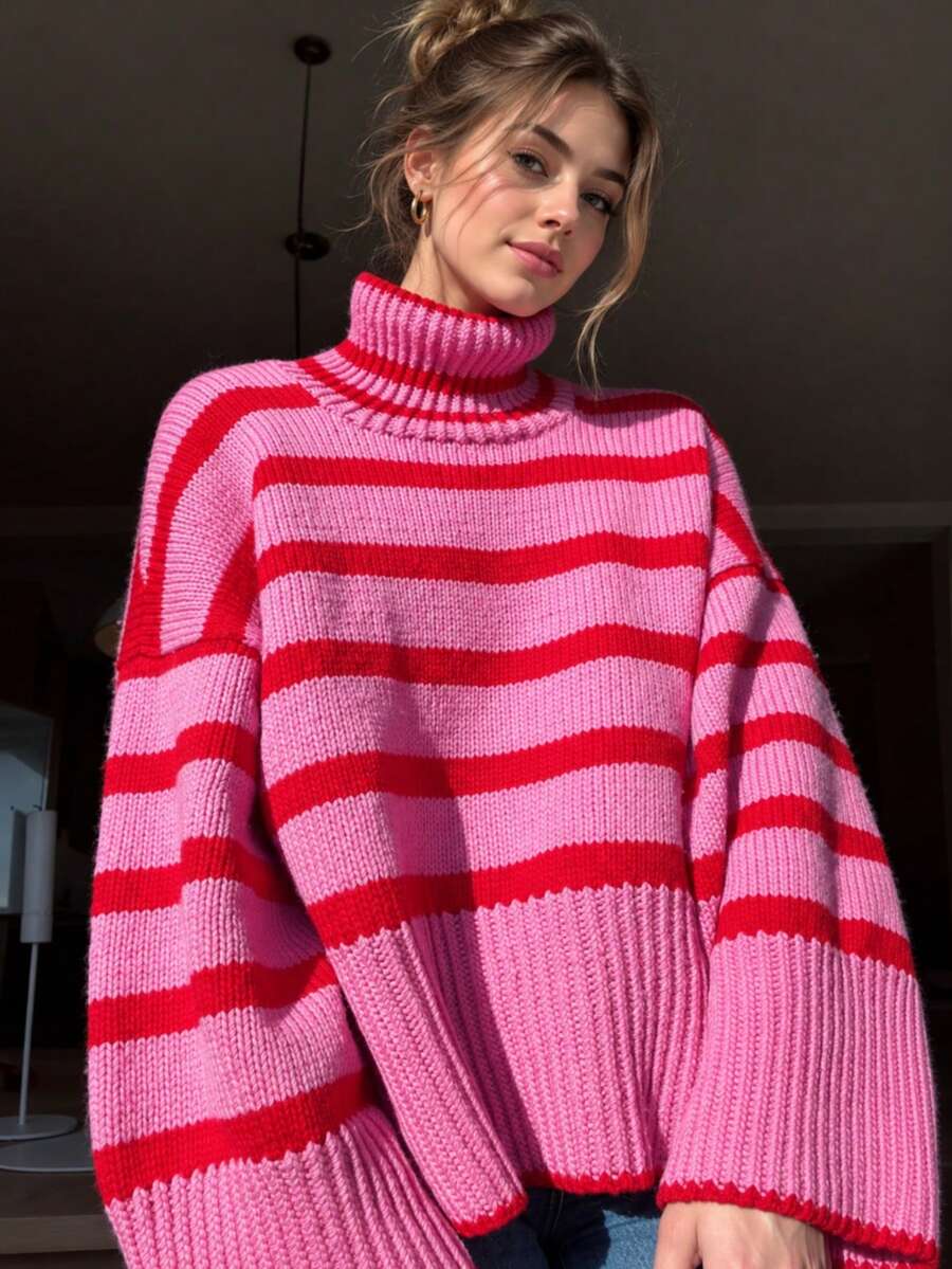 Women's Pink & Red Striped Pullover Sweater, Long Sleeve Turtleneck Winter Top - Pink - View 1