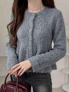 FRIFUL Weekend Women's Round Neck Ruffle Trim Long Sleeve Cardigan, Elegant Autumn/Winter Style - Grey - View 1