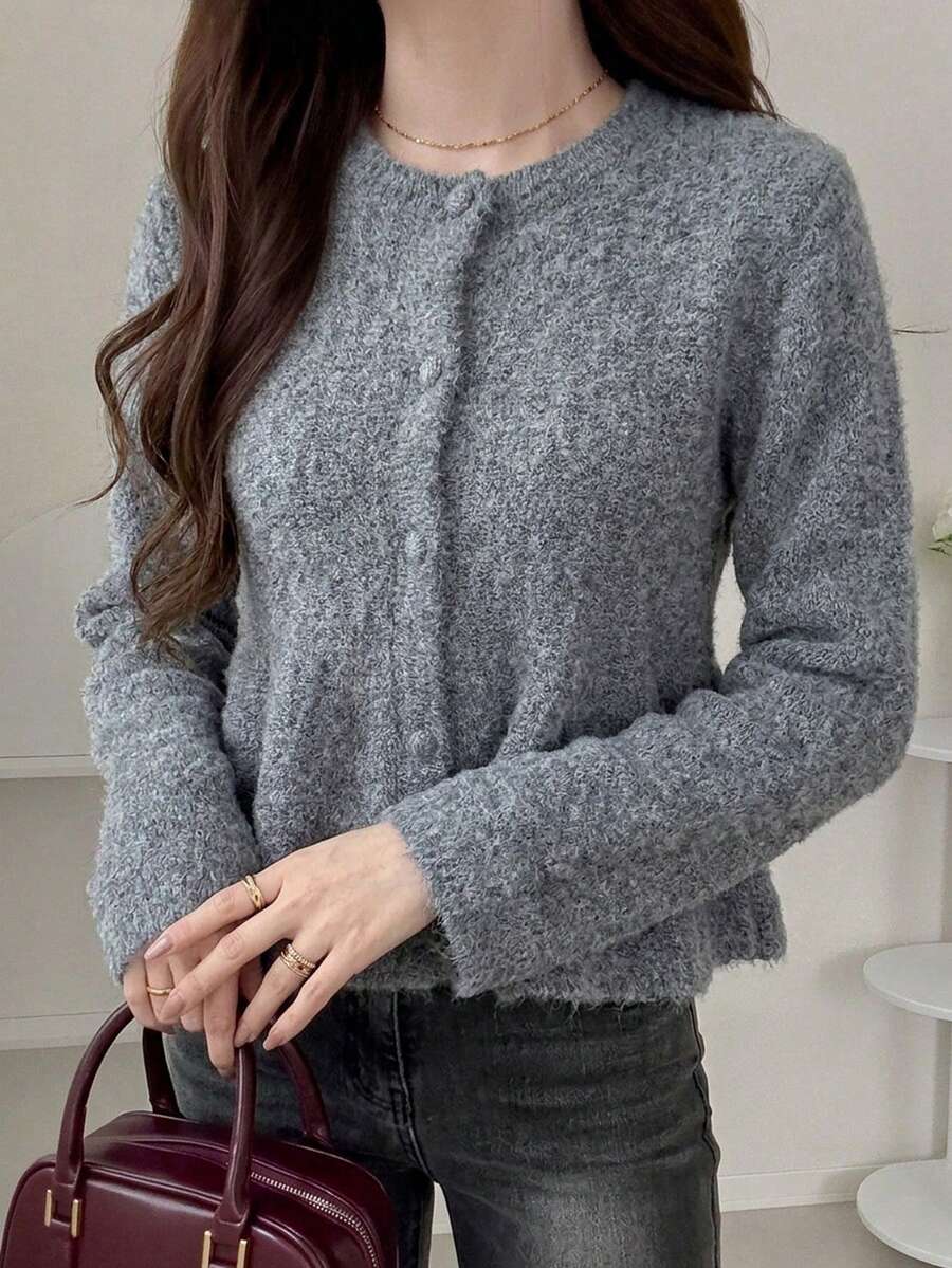 FRIFUL Weekend Women's Round Neck Ruffle Trim Long Sleeve Cardigan, Elegant Autumn/Winter Style - Grey - View 1