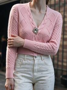 Áo cardigan ngắn nữ màu hồng cổ chữ V, dệt vặn thừng họa tiết trái tim jacquard, đính cúc đá, tay dài dáng ôm, áo len dệt kiểu ngọt ngào - Hồng - Xem 3