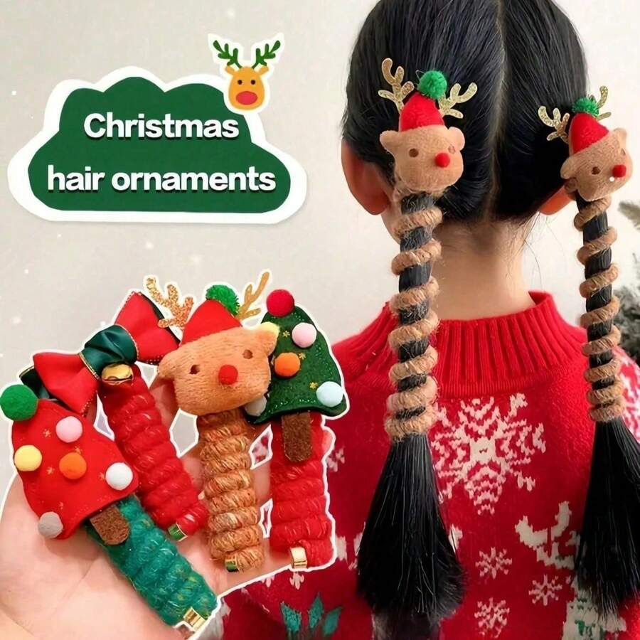 Funko Christmas Spiral Hairbands Set Of 2, Reindeer & Christmas Tree Pattern, Elastic Braided Headbands With Pom Poms, Bow, Sequins, Holiday Accessories - Multi-color - View 1