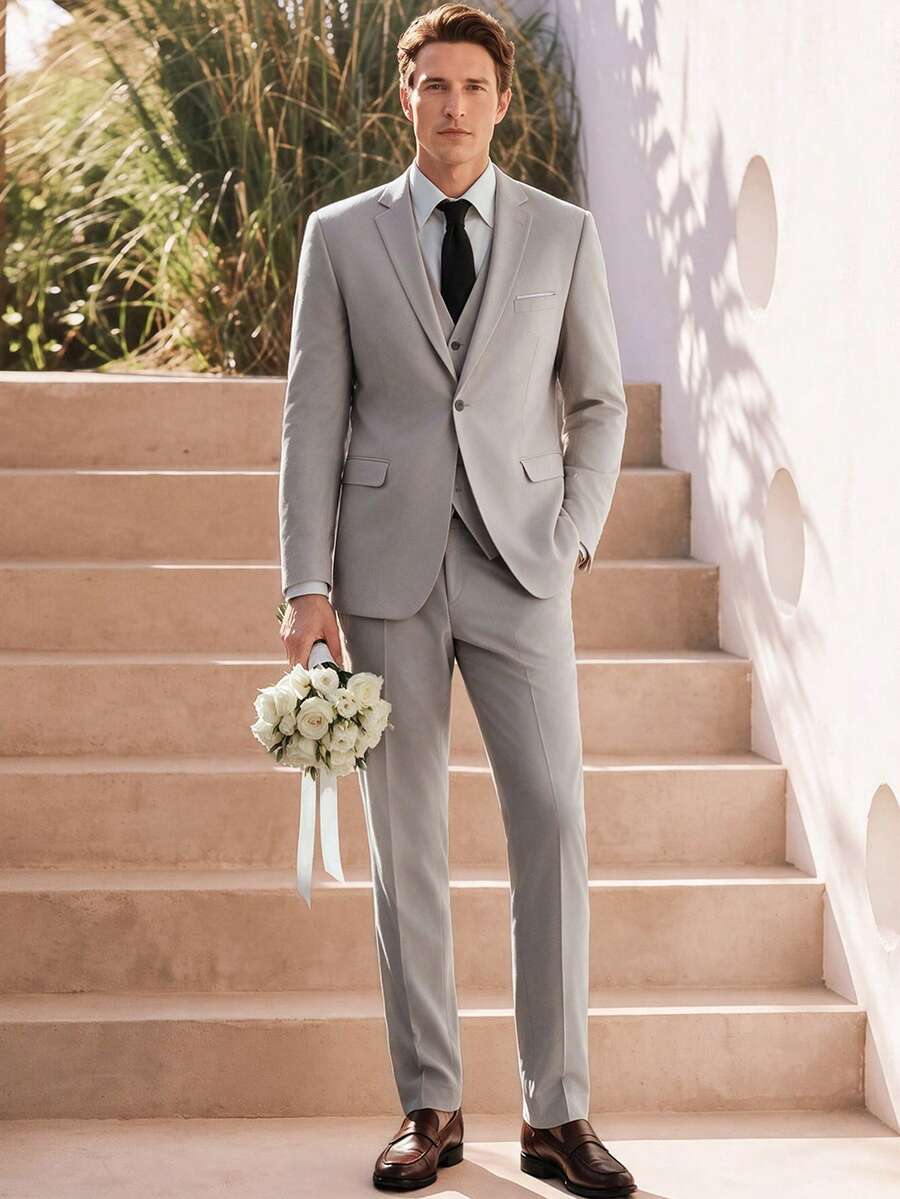 Officeau Men's 3pcs Light Grey Luxury Suits, Blazer&Vest&Pants, For Formal Business/ Office - Light Grey - View 1