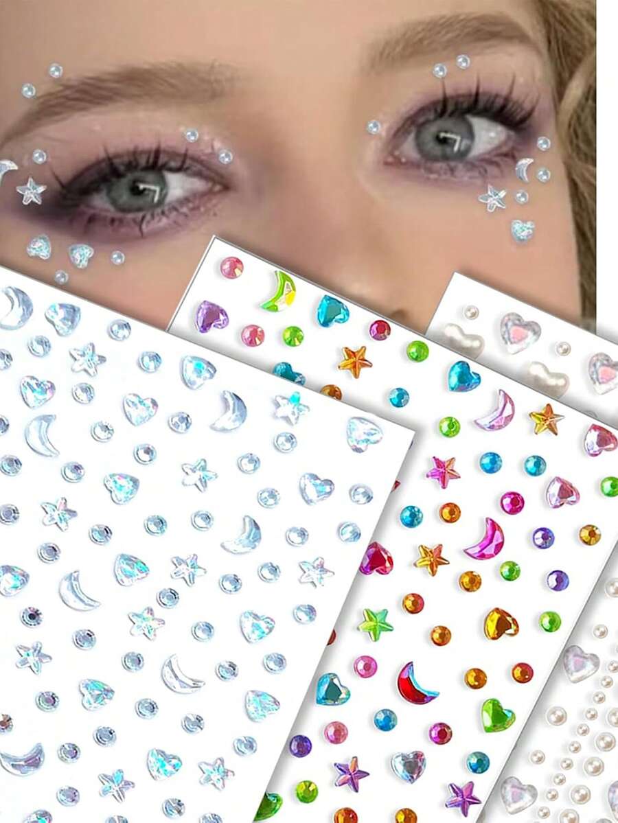 3Sheets Self-Adhesive Face Rhinestone Stickers, Mixed Star Moon Heart Pearl Crystal Gems, Sparkle 3D Acrylic Jewel Decals For Eye Makeup, Music Festival, Halloween, Christmas Party, Rave, DIY Body & Nail Art Decor - Multicolor - View 1
