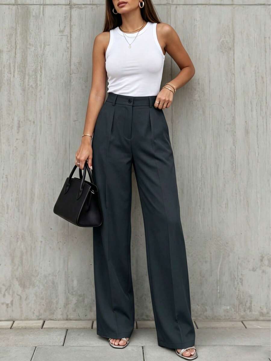 Women's Elegant High Waist Pleated Wide Leg Trousers Casual Office Commuting Drapey Suit Pants With Pockets(Belt Not Included) - Royal Blue - View 1