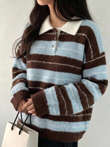 FRIFUL Weekend Sweater Lengan Panjang Bergaris Gaya Korea untuk Wanita, Musim Gugur/Dingin - Biru - View 1