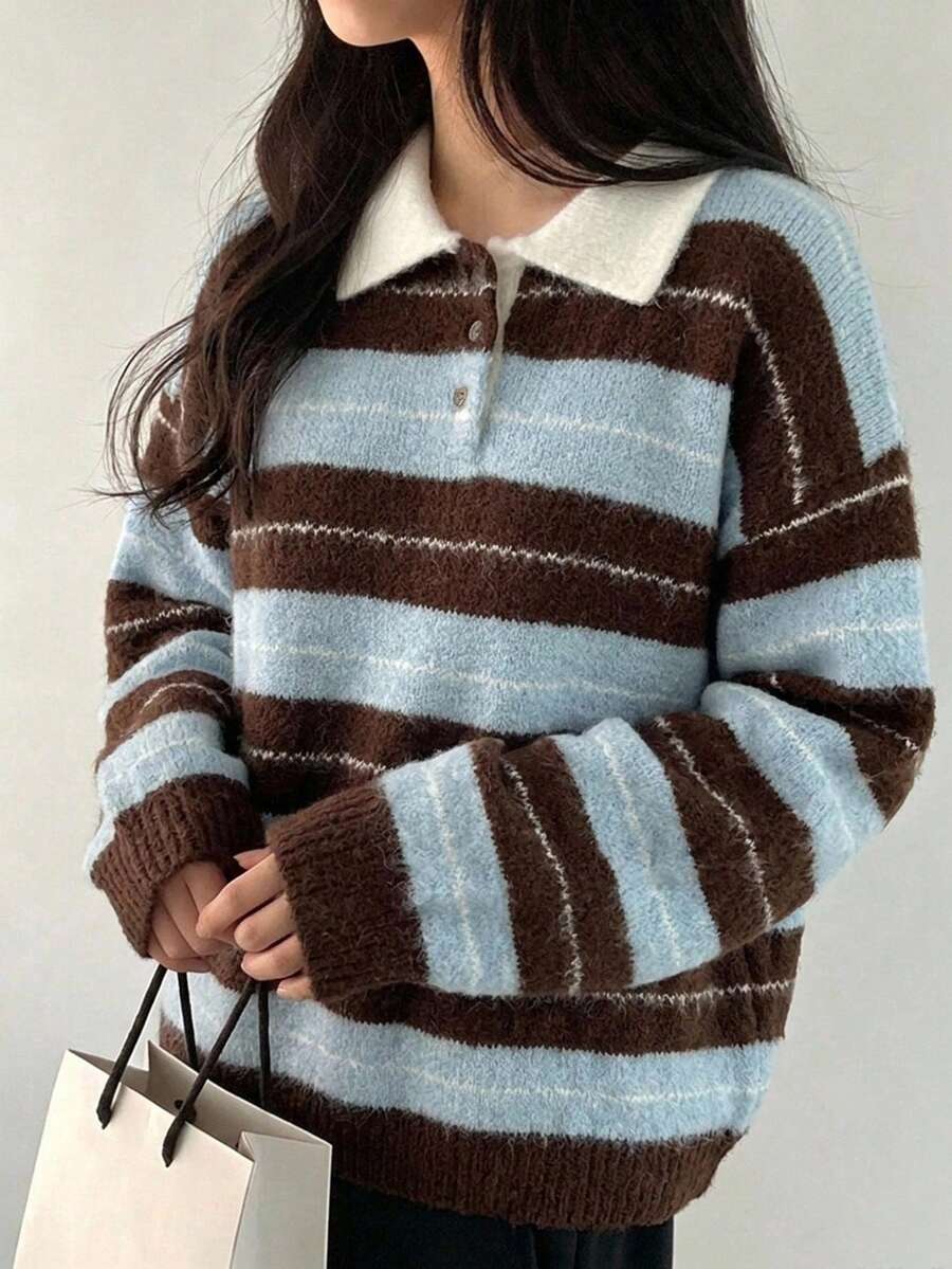 FRIFUL Weekend Sweater Lengan Panjang Bergaris Gaya Korea untuk Wanita, Musim Gugur/Dingin - Biru - View 1