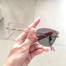 1件裝金屬貓眼雙色鑽飾感光變色眼鏡，室內外通用多用途時尚百搭女款時尚眼鏡 - 粉紅金/變色片 - 查看 14