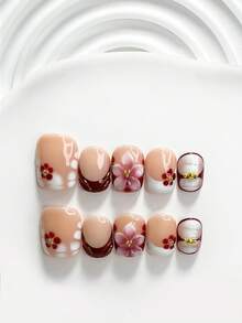 秋冬款 10片裝溫柔花卉風手工穿戴甲 Polygel 凝膠美甲套組 櫻花紅白色系 柔美風格 3種尺寸可選 方形/短方形/杏仁形 適合派對、舞蹈、日常配戴（手工細節可能有所差異） - 彩色 - 查看 16