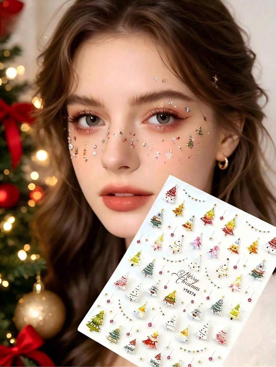Bộ 1 miếng sticker trang trí mặt chủ đề Giáng Sinh tự dính, họa tiết cây thông Noel gradient màu sắc kèm dải treo trang trí nhiều màu và chi tiết hình trái tim, dùng cho tiệc Giáng Sinh và chụp ảnh chân dung - Nhiều màu - Xem 1