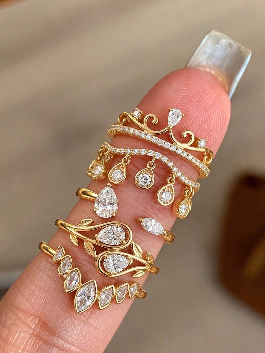 5pcs Women's Rings Set, Fashionable Exquisite Copper Inlaid CZ ...