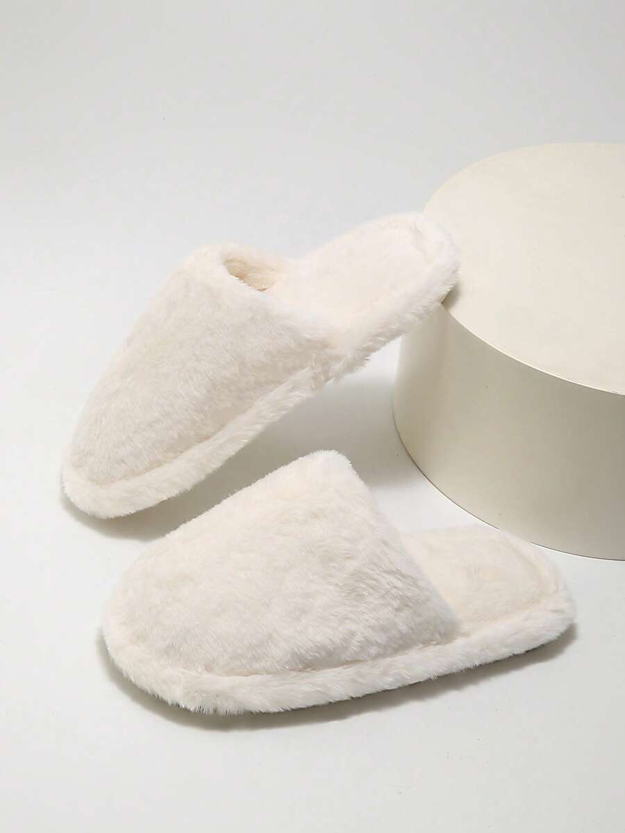 Fuzzy Plush Closed-Toe Flat Slip-On House Slippers Fashion Women's Shoes - White - View 1