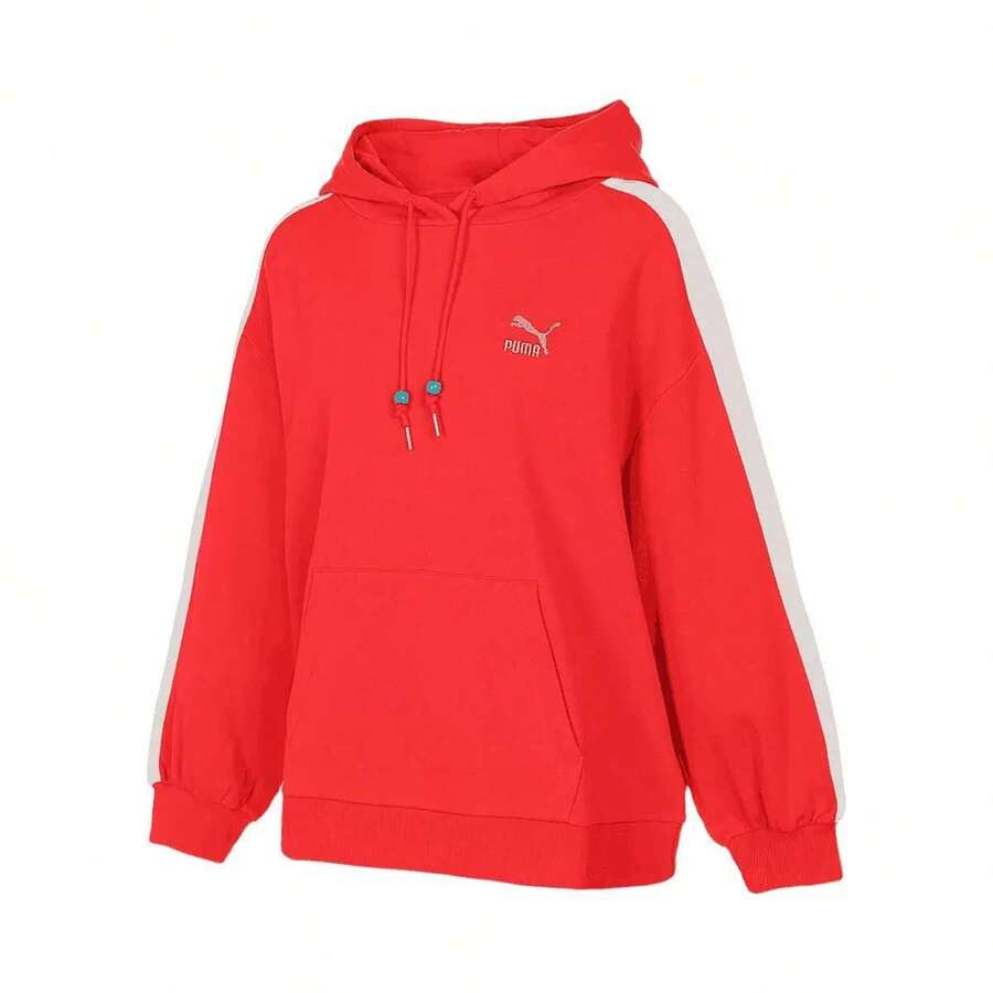Puma 女款寬鬆連帽套頭運動衫,春秋針織抓絨休閒衛衣 62726911 - 紅色 - 查看 1