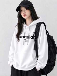 Women's Hooded Sweatshirt, Autumn/Winter New Letter Print, Drawstring Design, With Pockets, Casual Versatile Loose Fit Top, Fashionable Daily Wear - White - View 1
