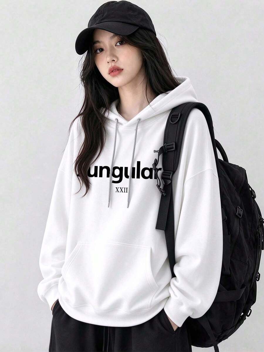 Women's Hooded Sweatshirt, Autumn/Winter New Letter Print, Drawstring Design, With Pockets, Casual Versatile Loose Fit Top, Fashionable Daily Wear - White - View 1