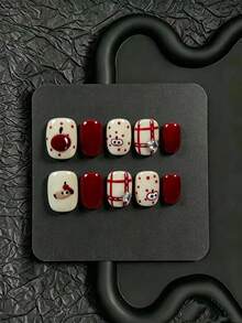 10pcs Handmade Press-On Nails, Short Square Round Shape, Autumn/Winter Style, Brown Blue Yellow Black Color Block, Polka Dot & Striped Hand-Painted Elements, Suitable For Daily Wear In Autumn/Winter, Comes With Full Nail Art Tool Set, Perfect For Girls' Self-Use Or Gift - Red - View 10