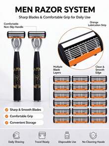 Men's Manual Razor Set, 2 Handles +27 Replacement Blades, Smooth 6‑Layer Safety Shaver, Portable Travel Body Hair Remover For Beard, Armpit & Legs, Practical Men Daily Shaving Grooming Kit,Razor,Gifts For Men,Shaver For Men - A - View 2