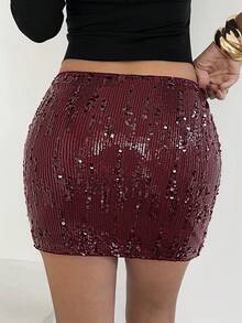 SCARLUX Fall Women Y2K Sequin Mini Skirt, Bodycon Skirt For Back To School, Daily Commute And Party - Burgundy - View 11