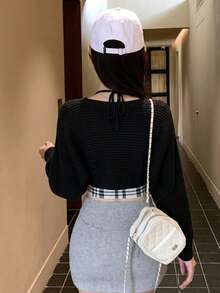 女款初秋新款韓式格紋細肩帶背心與開襟針織外套兩件套可愛上衣 - 黑色 - 查看 2