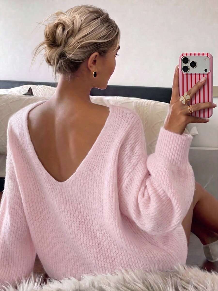 Chic Pink Oversized Knit Sweater For Women, Deep V-Neck Long Sleeve Pullover, Regular Length Jumper, Slightly Stretchy Fabric For Autumn Everyday Wear - Baby Pink - View 1
