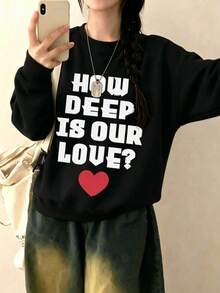Slogan Niche SEBERAPA DALAM CINTA KITA? Sweatshirt Motif Hati Wanita, Potongan Longgar, Ramping, Leher Bulat, Lengan Panjang, Musim Gugur/Dingin - Hitam - View 9