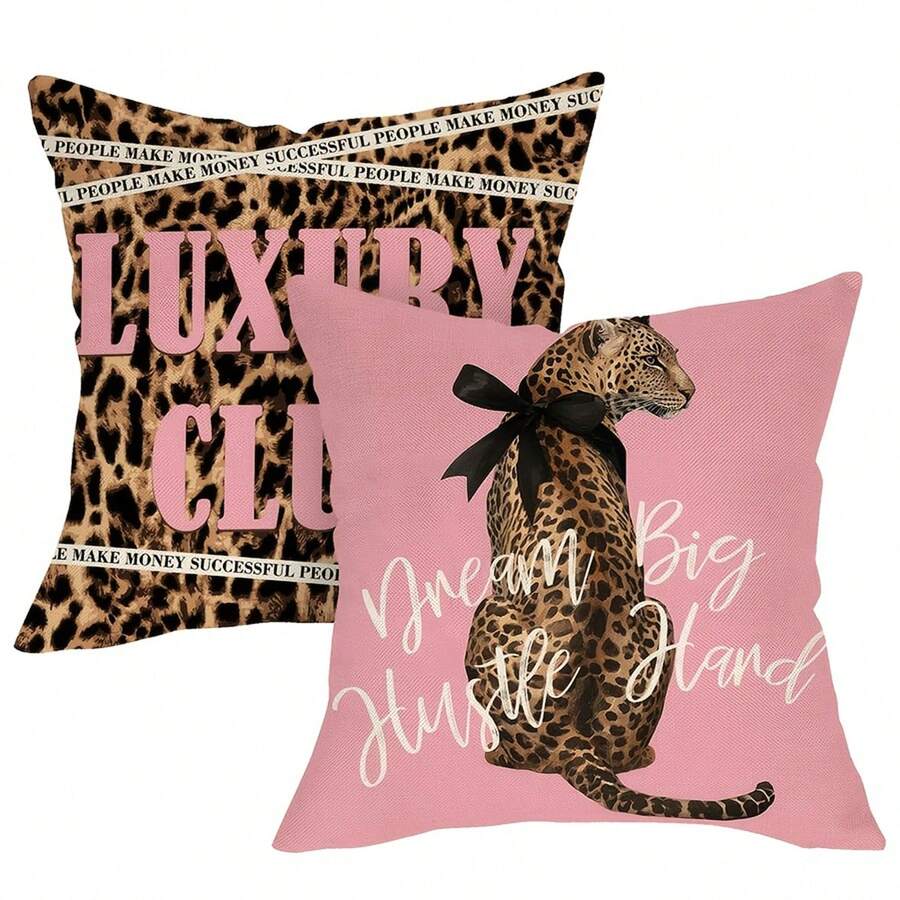 2pcs/Set Leopard Print Pink Decorative Pillow Covers, Inspirational Cheetah Pattern, "Dream Big, Work Hard" Text Print, 45x45cm Single-Sided Printed Cushion Covers, Suitable For Porch Outdoor Home Decor, Modern Sweet Cool Style, Girls Room Sofa Pillow Covers, Pillow Inserts Not Included - Multicolor - View 1
