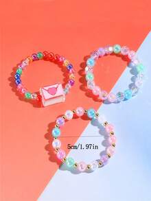3pcs/Set Cute Heart-Shaped Envelope Resin Pendant Colorful Beaded Children's Bracelet Multi-Layer Stackable Elastic Bracelet For Girls Daily Wear - Multicolor - View 3
