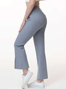 HOTSUIT Women's Knitted Flared With Side Slits & Pockets - Golf-Ready Solid Color Pants Featuring Front Split Design, Ideal For Daily And Sport Wear - Light Grey - View 4