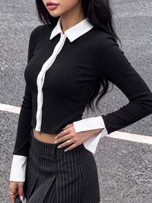 Women's Autumn Elegant Colorblock Long Sleeve Top, Collared Front Button Ribbed Short Blouse, Suitable For Holiday Celebrations - Black - View 8