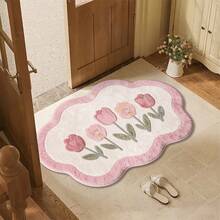 1pc Irregular Pink Tulip Flower Design Microfiber Bath Rug, Non‑Slip Soft Bathroom Mat, Water‑Absorbent Doormat, Machine Washable, Low Pile, Knit Fabric, For Bedroom, Kitchen, Entryway, Indoor Use, Accessories & Home Decor, Perfect New House Gift - A - View 8