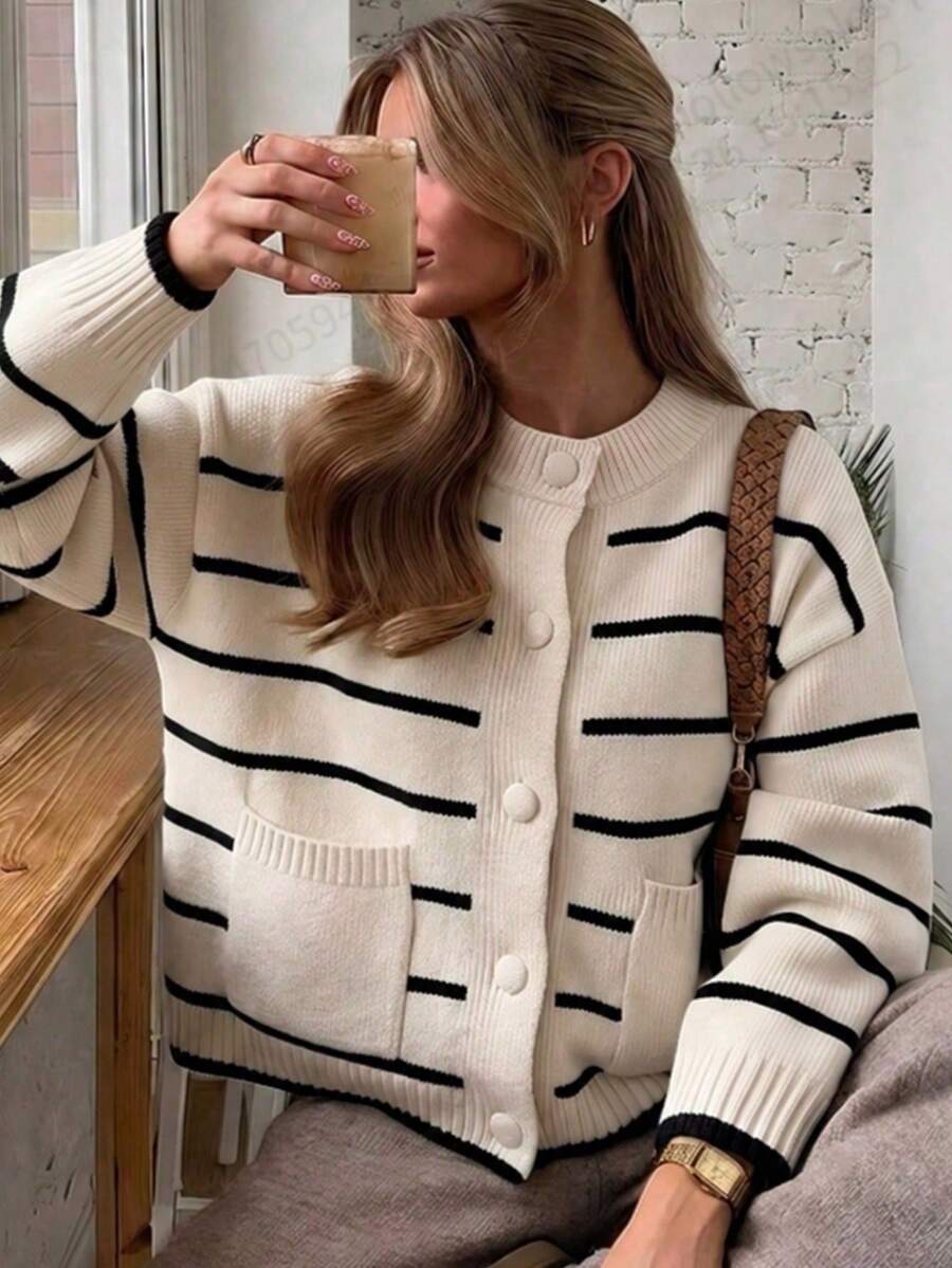 Women's Plus Size Autumn/Winter Fashion Casual Minimalist Button Knit Cardigan Top, Suitable For Outings, Concerts, Winter Style - White/Black - View 1