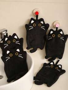 2pcs Cute Black Cat Hanging Hand Towels, Absorbent Coral Fleece Dish Cloths, Suitable For Bathroom And Kitchen Decor - A - View 5