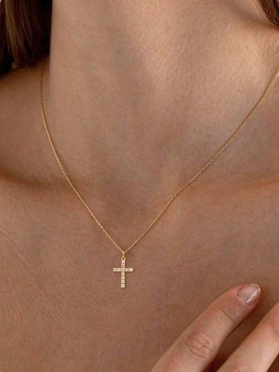 1pc Stainless Steel Cross Necklace, Suitable For Women's Daily Wear - Gold - View 1