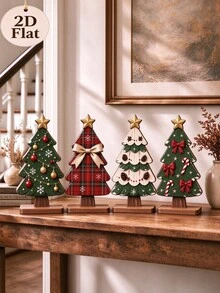 2D Flat 4pcs Set Vintage Wooden Christmas Tree Desktop Decor, Suitable For Desk, Windowsill, Fireplace, Shelf, Entryway Counter And Kitchen Countertop, Easily Create A Cozy And Healing Winter Christmas Scene - Multiple Styles - View 4