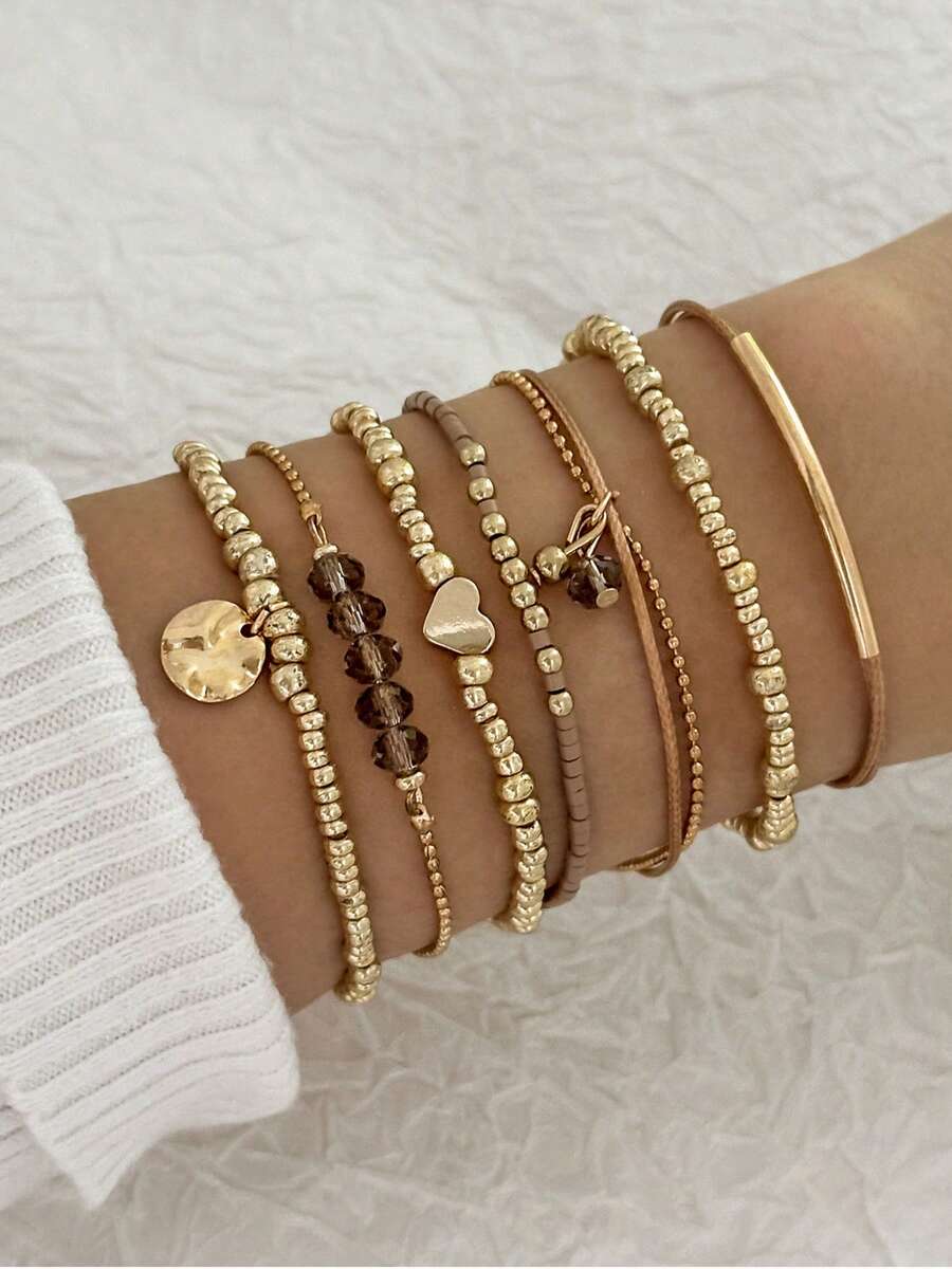 7pcs Bohemian Style Handmade Beaded Seed Bead Bracelets With Round Pendant Heart Beaded Women Bracelet Set - Gold - View 1