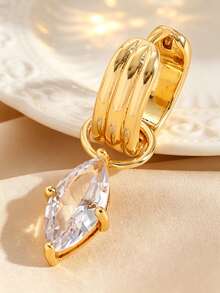 1pc Exquisite Multi Layer Huggie Hoop Earrings For Women, Copper Inlaid Cubic Zirconia Dangle Teardrop Marquise Zirconia Drop Earring, Fashion Jewelry - Yellow Gold - View 2