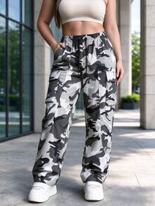 Women's Outdoor Workwear Long Pants, Loose Straight Leg Camouflage Trousers, Autumn - White - View 4
